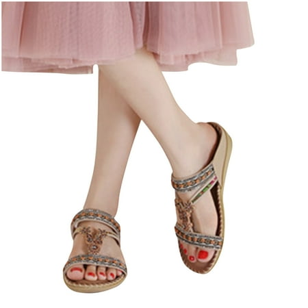 

Boho Slide Sandals for Women Girls Dressy Low Wedge Thong Sandals Casual Toe Ring Flat Sandals Cute Summer Bohemian Travel Flip Flop Sandal Shoes