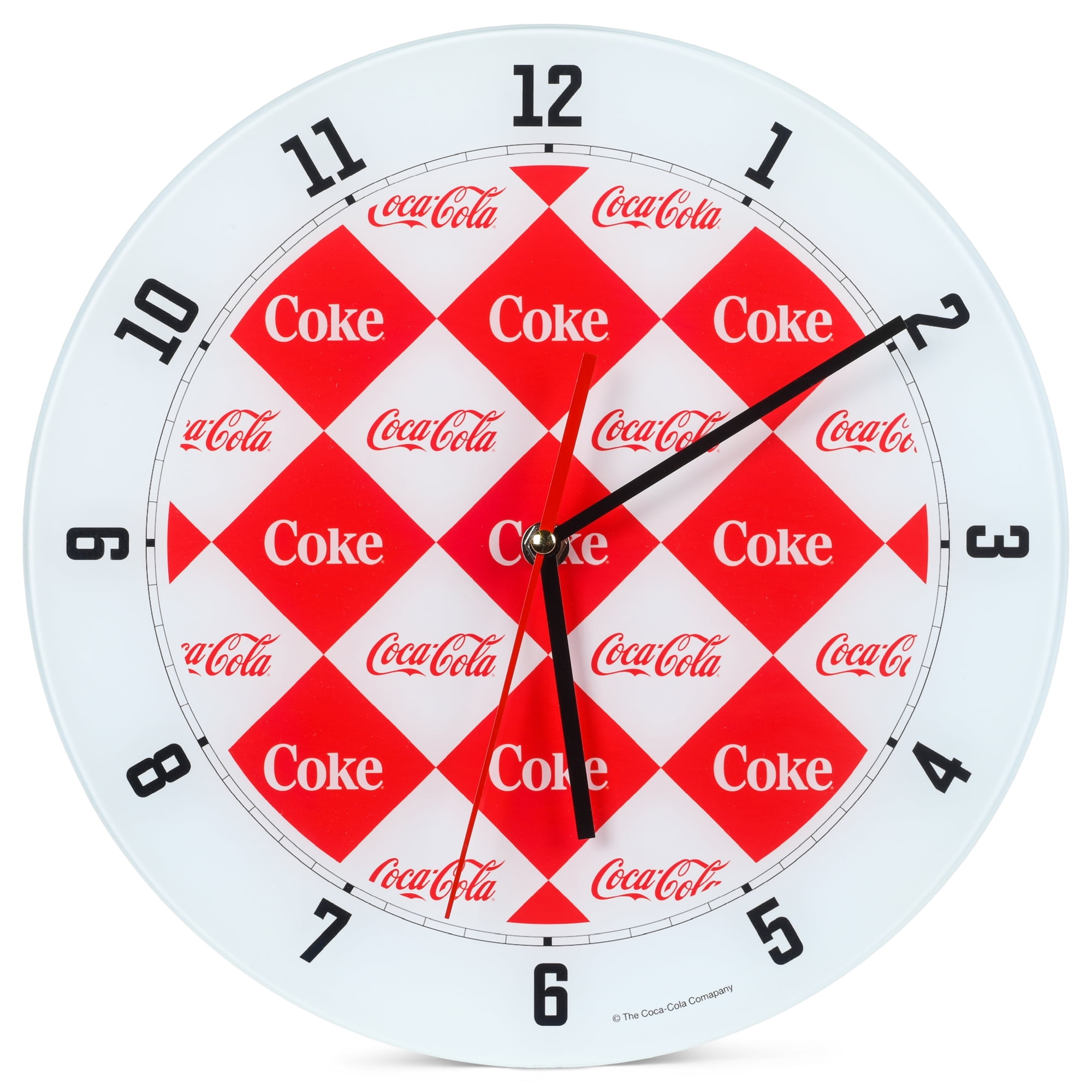 Coca Cola Diamond Pattern Red and White 12 inch Glass Round Wall Clock 