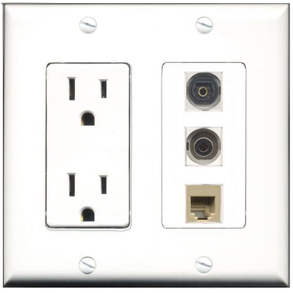 RiteAV - 15 Amp Power Outlet 1 Port Phone Beige 1 Port Toslink 1 Port 3.5mm Decorative Wall Plate