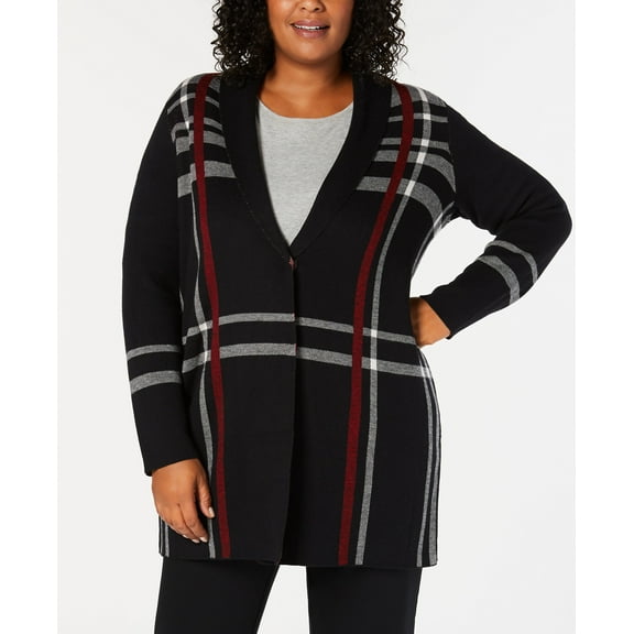Charter Club Plus Size Plaid Cardigan Deep Black Combo 1X