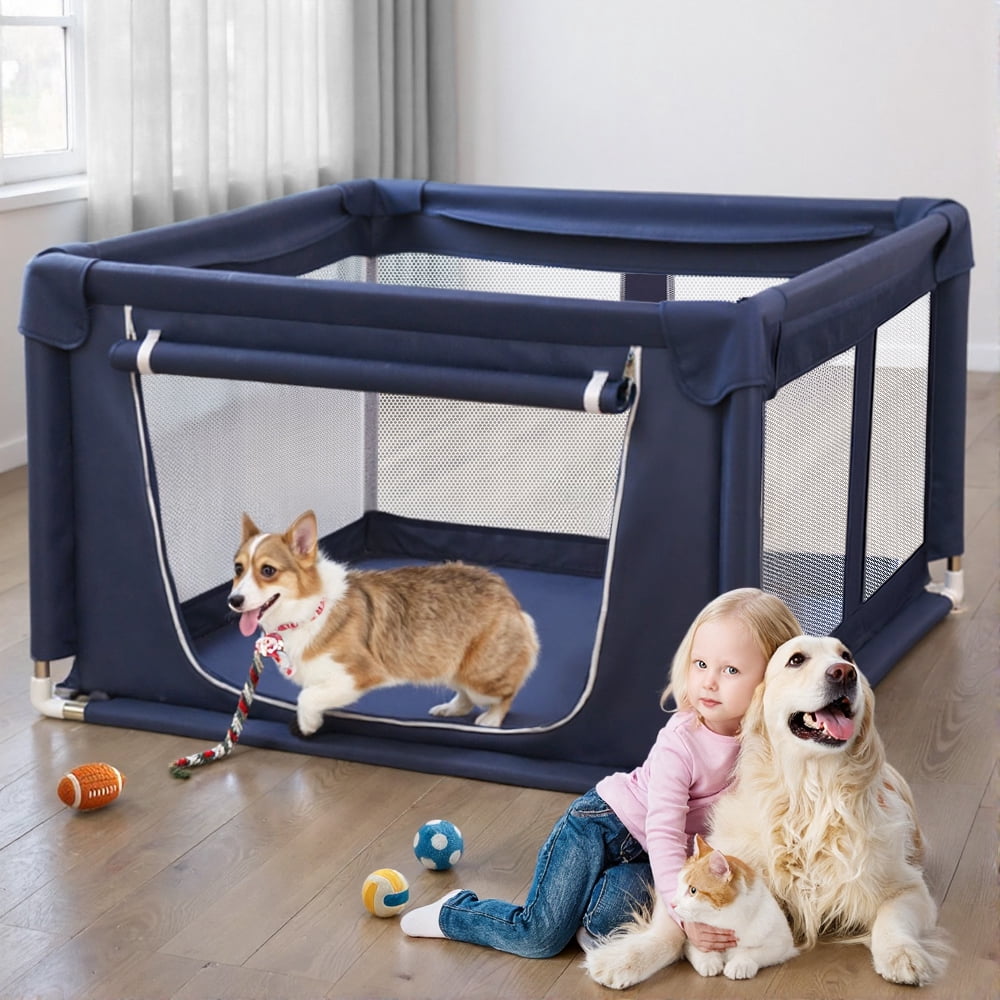 Puppy Playpen Indoor, DOMIPET 42.5x42.5x26.8 Inches Dog Play Pen with Gate, Portable Pet Exercise Pen, Anti-Tipping Enclosure with Zipper Door