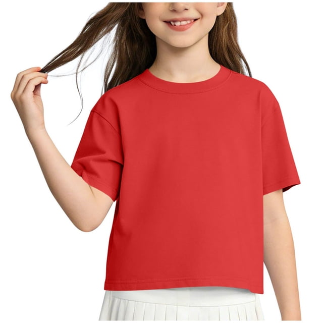 Zpanxa Girls Athletic Shirts Solid Color Drop Shoulder Round Neck Short Sleeve Cotton Tee Cotton 4-5 Years