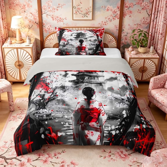 Manfei Ink Geisha Twin Comforter Sets for Girls Women, Red Blossom Bedding Set, Black Red White, Gray Reversible 2pcs, 1 Comforter and 1 Pillowcase