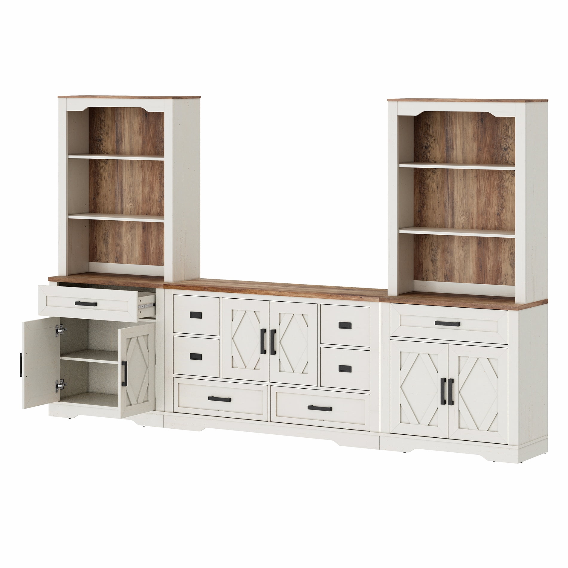 WAMPAT Farmhouse Entertainment Center with Bookshelf for TVs up to 60",Mid Century Modern TV Stand with 73"H Tall 5-Tier Bookcase with Open Storage and Barn Doors for Living Room,Bedroom,White