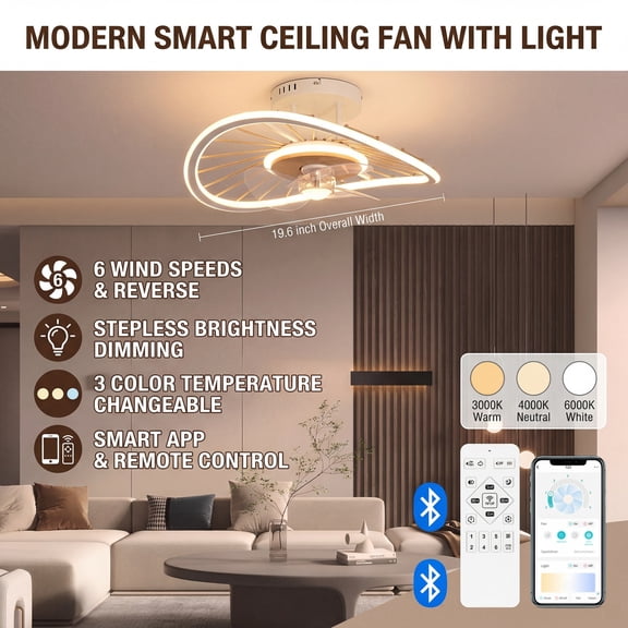 19.6" Modern Low Profile Ceiling Fan with LED Light, Remote & App Control, 6-Speed Dimmable, 3 Color Temperatures, Quiet DC Motor, White