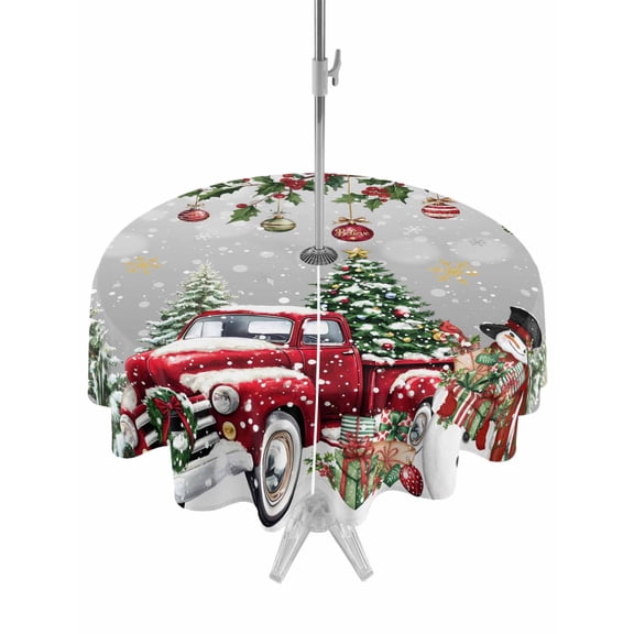 Outdoor Tablecloth with Umbrella Hole and Zipper, Grey Christmas Round Table Cloth 60 Inch Waterproof Tablecloth, Xmas Snowman Truck Snowflake Tree Balls Picnic Table Cover for Patio Camping