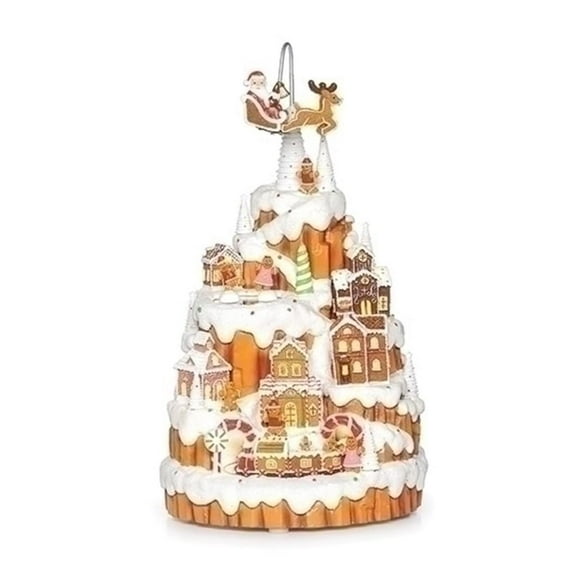 Roman Musical Lighted Rotating Ginger Bread Mountain Collectible Building, 12.5-inch Height, Christmas Decoration