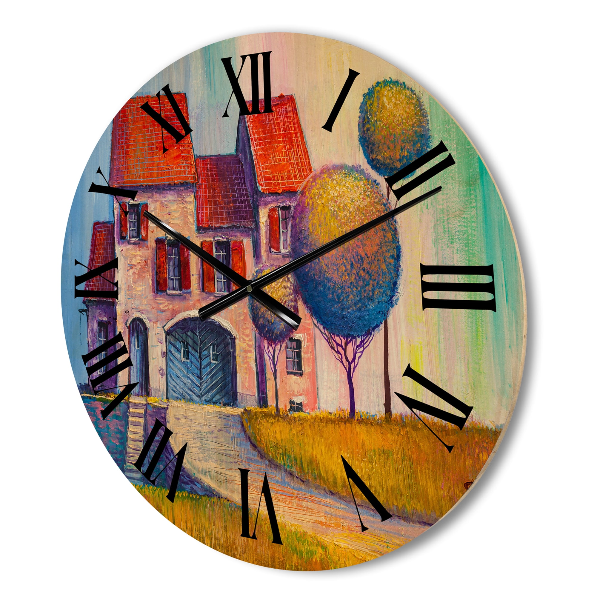 Designart 'A Red Roof House With In The Village' Modern Wood Wall Clock