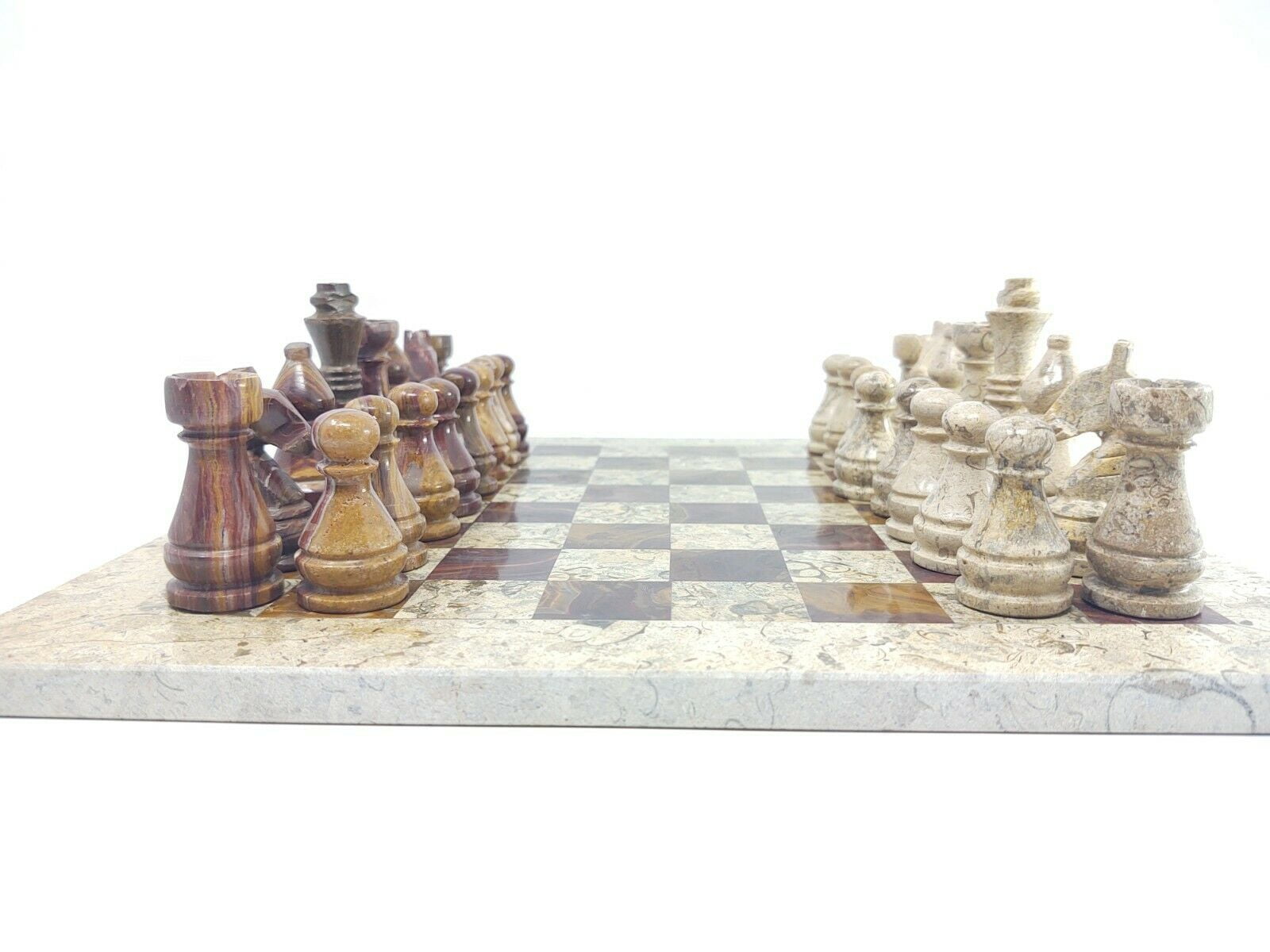 JT Handmade Fossil Coral and Dark Brown / Red Marble Chess Game Set – 12 inch