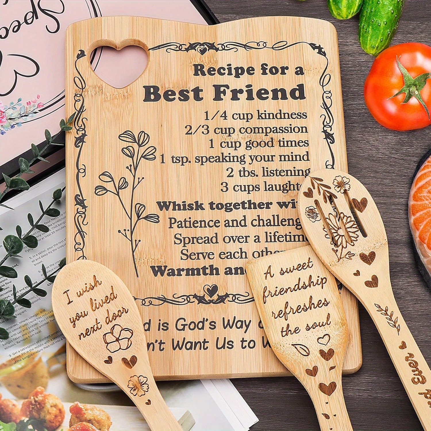 4PCS Personalized Cutting Board Set, Customized Bamboo Wood Kitchen Board with Utensils, Housewarming Gifts New Home, Laser Engraved Utensil Set, Best Friend Cutting Board, Engraved Custom Gifts
