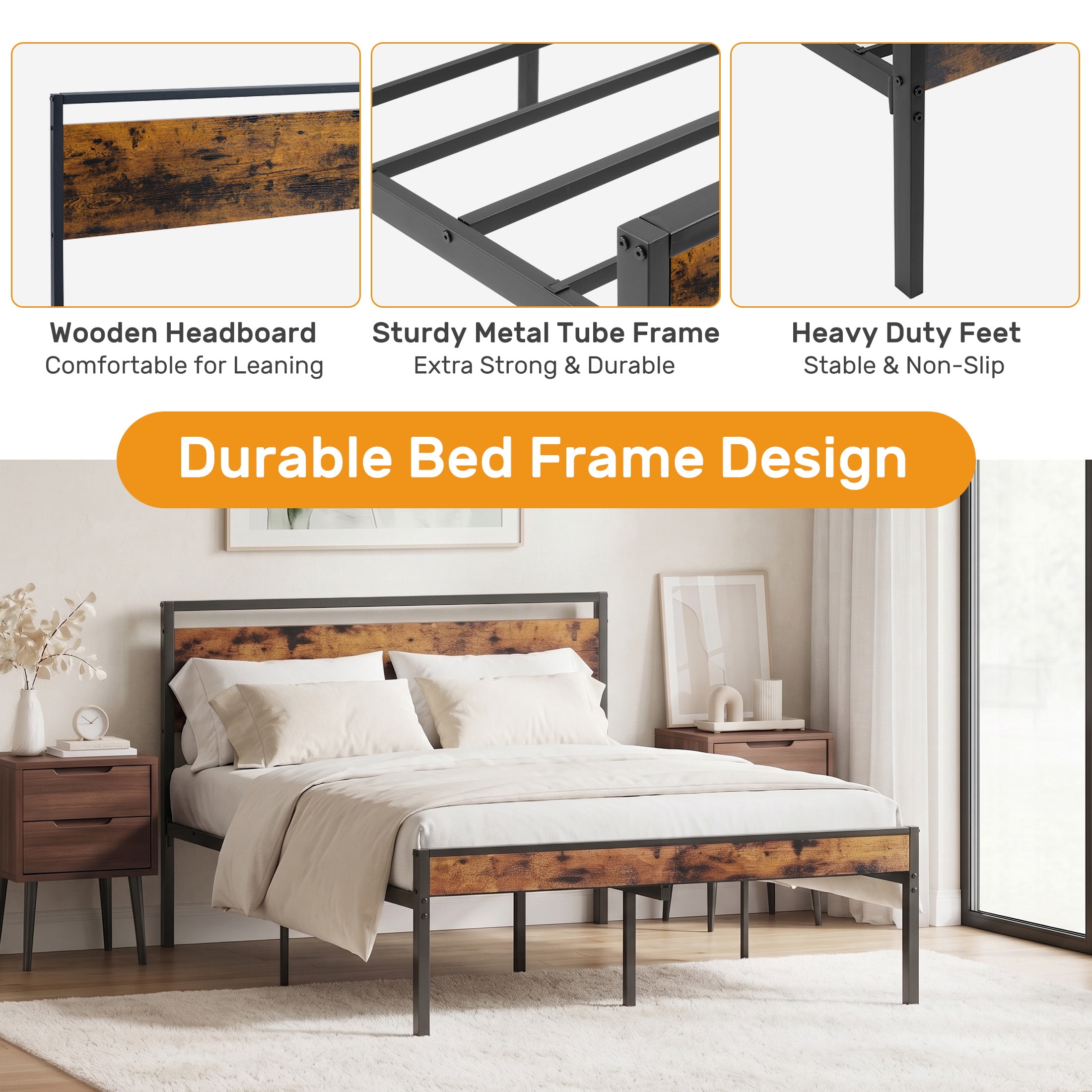 Gianna Heavy Duty Full Size Metal Platform Bed, No Box Spring Required with Headboard and Footboard, Mattress Foundation, Rust