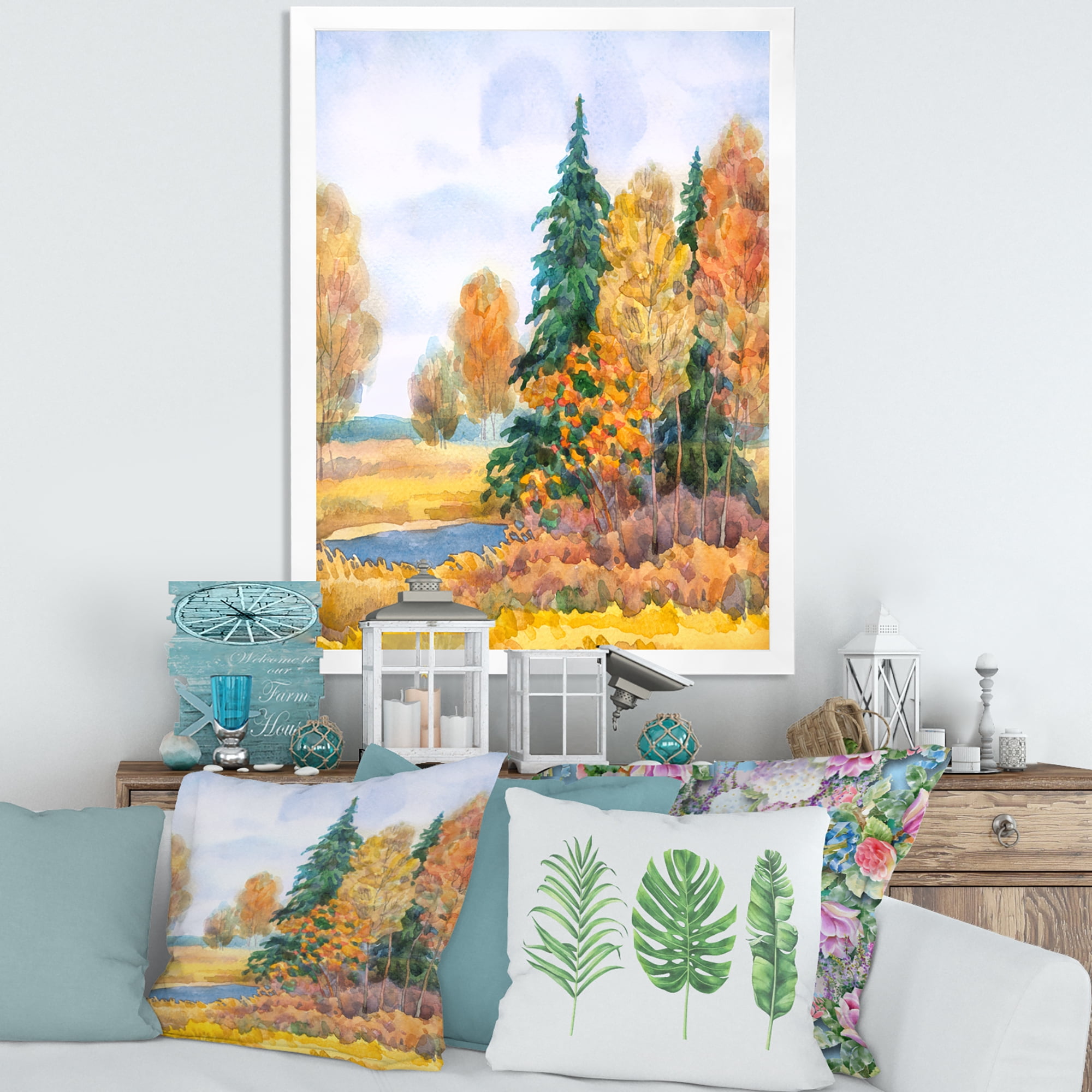 Designart 'Autumn Forest By The Lake Side V' Lake House Framed Art Print