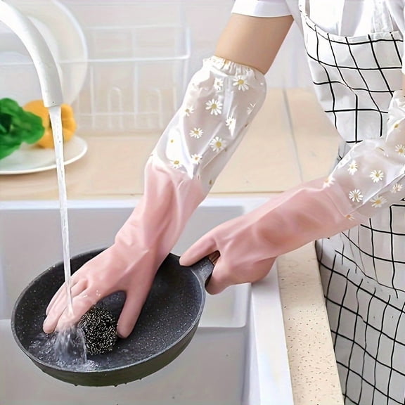 Pink Waterproof Long Sleeve Cleaning Gloves, Heat-Resistant PVC Gloves, Extended Arm with Hanging Loop, Reusable Rubber Gloves for Dishwashing, Kitchen & Bathroom Cleaning