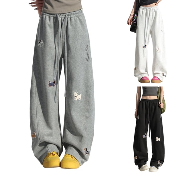Baggy Barrel Lounge Sweatpants for Women - Dachshund Animal Embroidered Wide Leg Drawstring Pants with Pockets, Dark Gray M
