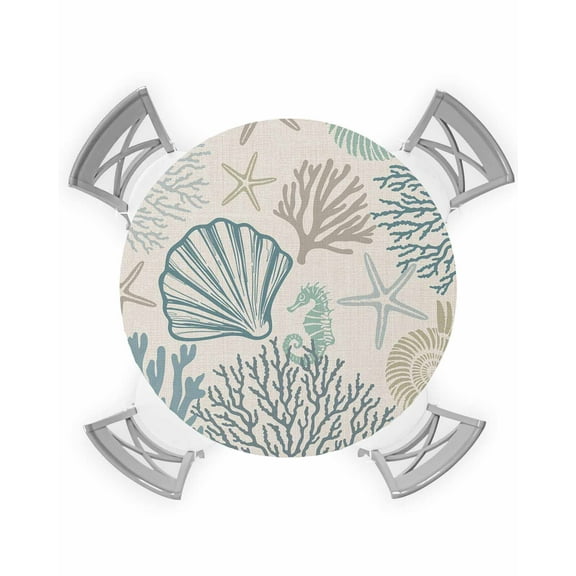 nqOlkjepod Coastal Ocean Round Tablecloth, Fitted Table Cover with Elastic for 55"-60" Round Tables, Vintage Coral Starfish Shell Seahorse Table Cloth Outdoor Dinning Party Waterproof Tablecloths