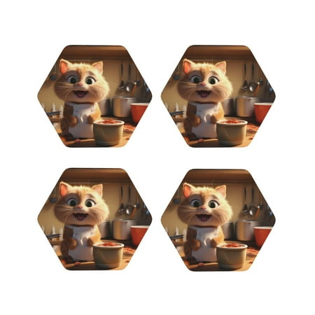

Fuzoiu Cartoon Cooking Cat Print Leather Coasters Set Drink Coasters Set of 4 for Tabletop Protection Durable PVC Coasters Home Décor and Housewarming Gift-Hexagon