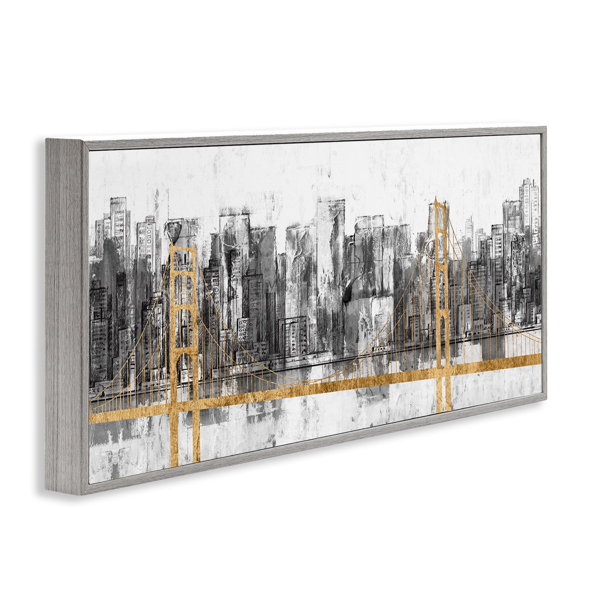 Stupell Industries Urban Golden Bridge Cityscape Abstract Painting Gray Framed Art Print Wall Art, 24 x 10