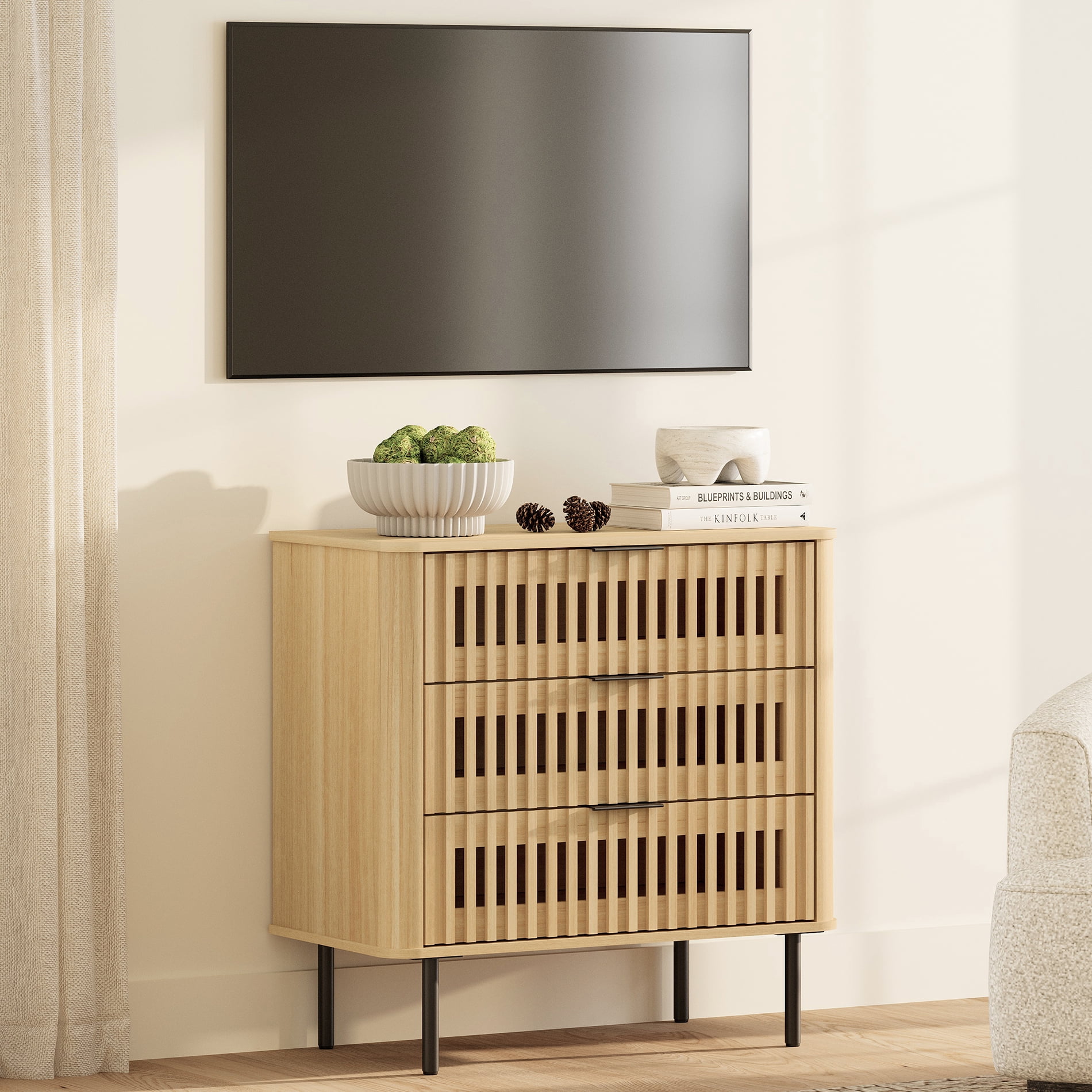 31.5" W Modern TV Stand with 3 Slatted Storage Drawers, Mid-Century Modern Media Console for Living Room/Bedroom, Walnut