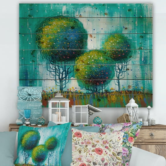 Designart 'Colourful Landscape Trees Impressionist II' Modern Print on Natural Pine Wood