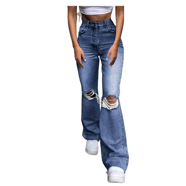 Jeans For Women Pants Hole Button Trousers High Waist Denim Pocket ...
