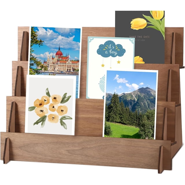 Greeting Card Display Stand, Sticker Display Stand for Vendors, Greeting Card Holder Display, Postcard Stand Brochure Display, 4-Tiered Wooden Display Rack for Craft Show Photos Picture