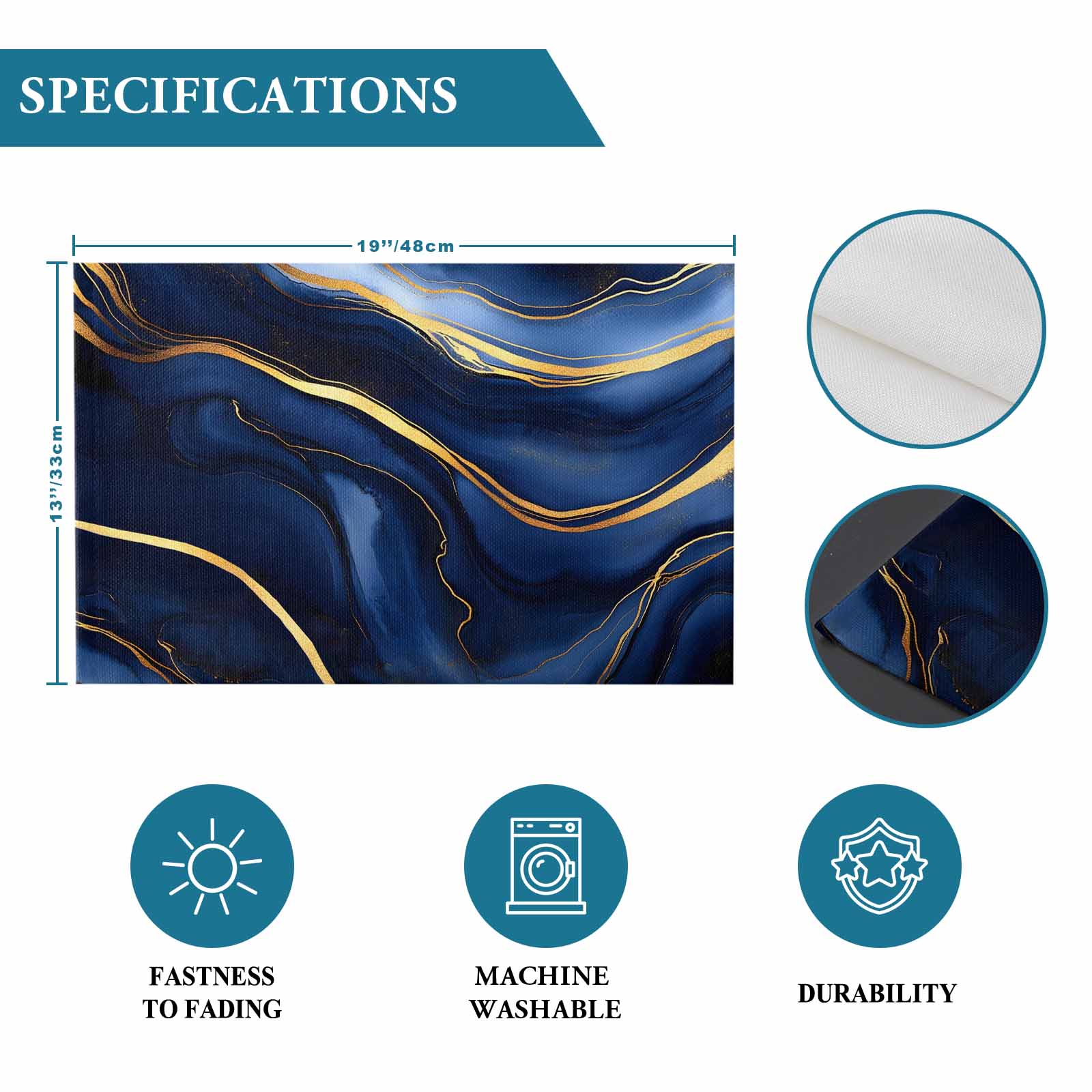 Dark Blue Abstract Marble Texture Placemats Set of 8, Gold Fluid Art Lines Table Mats Washable Heat-Insulation Non-Slip Place Mats for Kitchen Dinner Table Indoor Outdoor Decor,13x19 Inch