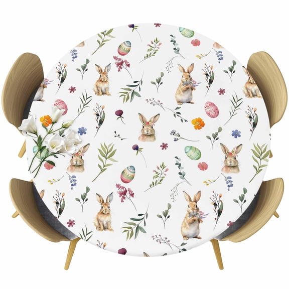 Easter Round Tablecloth, Fitted Table Cover with Elastic for 36"-44" Round Tables, Spring Farmhouse Rabbits Eggs Leaves Flowers Table Cloth Outdoor Indoor Dinning Party Waterproof Tablecloths