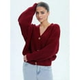 thumbnail image 4 of Women'S Chunky Knit Cardigan Sweater V-Neck Long Sleeve Button Casual Loose Cropped Cardigan Coat Wine Red M, 4 of 7