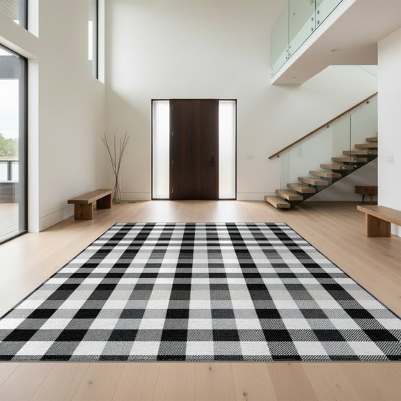 Design&I 8'x10' Washable Area Rug Plaid Farmhouse Checkered Interlocking Layered Front Door for King Size Bedroom, Under Bed, Sleek Flatweave Pet Friendly