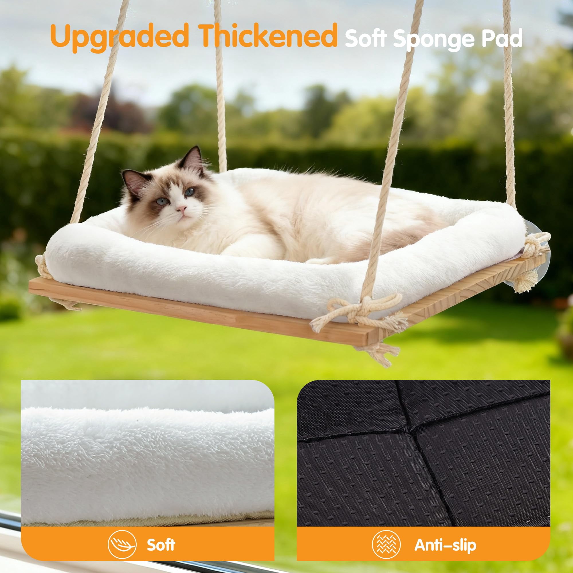 Cat Window Perch  Rustic Hammock Bed With Solid Wood Seat 4 Heavy Duty Suction Cups Plush Cushion Indoor Pet For Cats Large (xl)