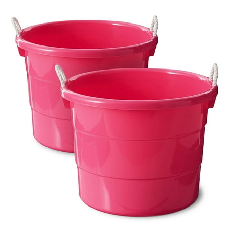 Homz Plastic 18 Gal Utility Storage Bucket Tub w/ Rope Handle, Pink (2 Pack)