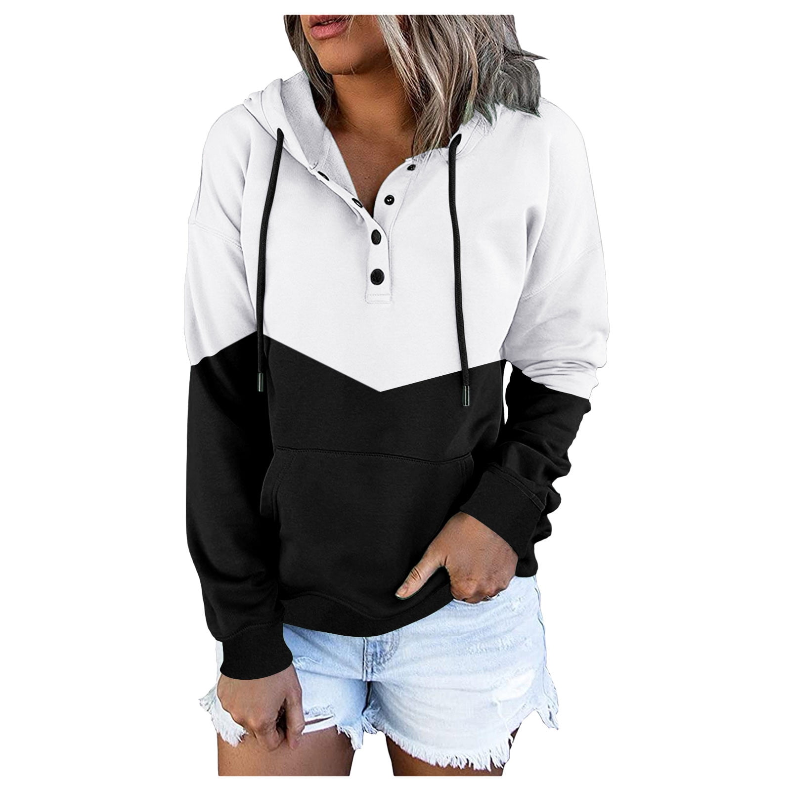 Famulily Womens Causal Drawstring Hood V Neck Long Sleeve Pullover Button Down Sweatshirts Comfy Henley Shirts