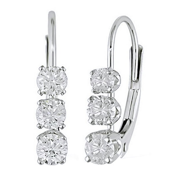 Jewel Zone US - Natural Diamond Three Stone Lever Back Earrings In 14K ...