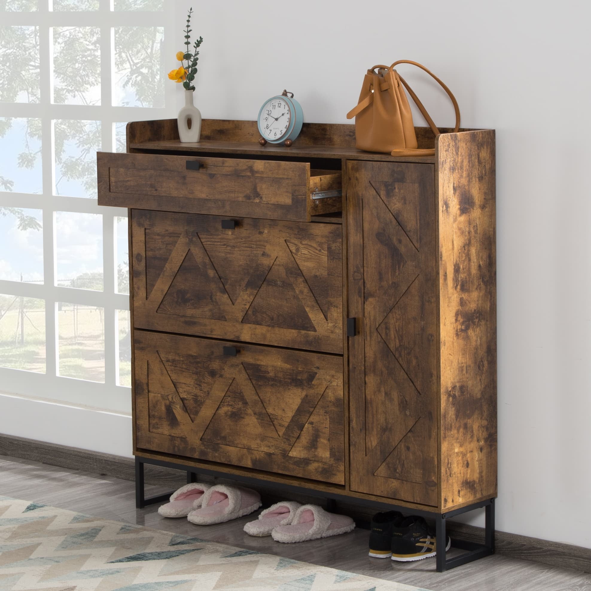 BSHTI Shoe Storage Cabinet with 2 Flip Drawers & Side Cabinet, High-Quality MDF in a Rustic Brown Finish, Adjustable & Versatile Storage, Easy Assembly