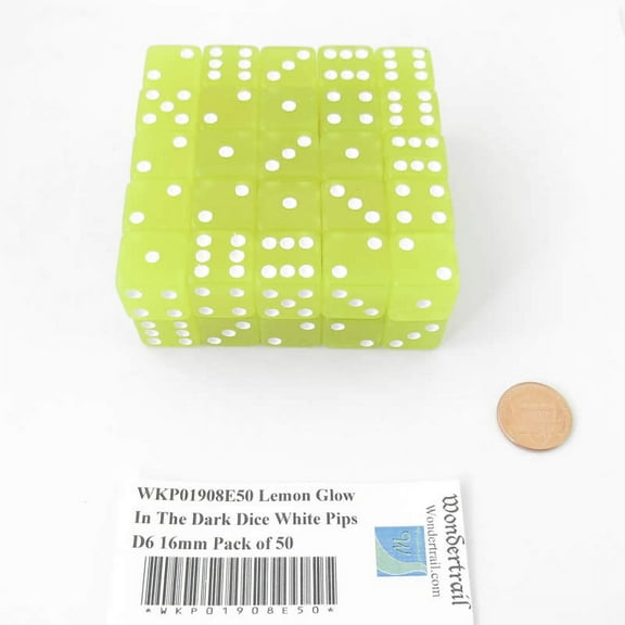 Lemon Glow In The Dark Dice with White Pips D6 16mm (5/8in) Pack of 50 Wondertrail