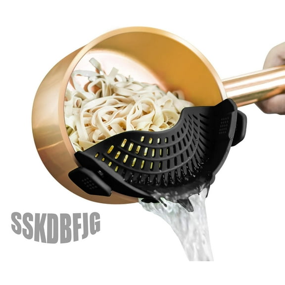 SSKDBFJG Clip On Strainer Silicone for All Pots and Pans, Pasta Strainer Clip on Food Strainer for Meat Vegetables Fruit Silicone Kitchen Colander( Black）