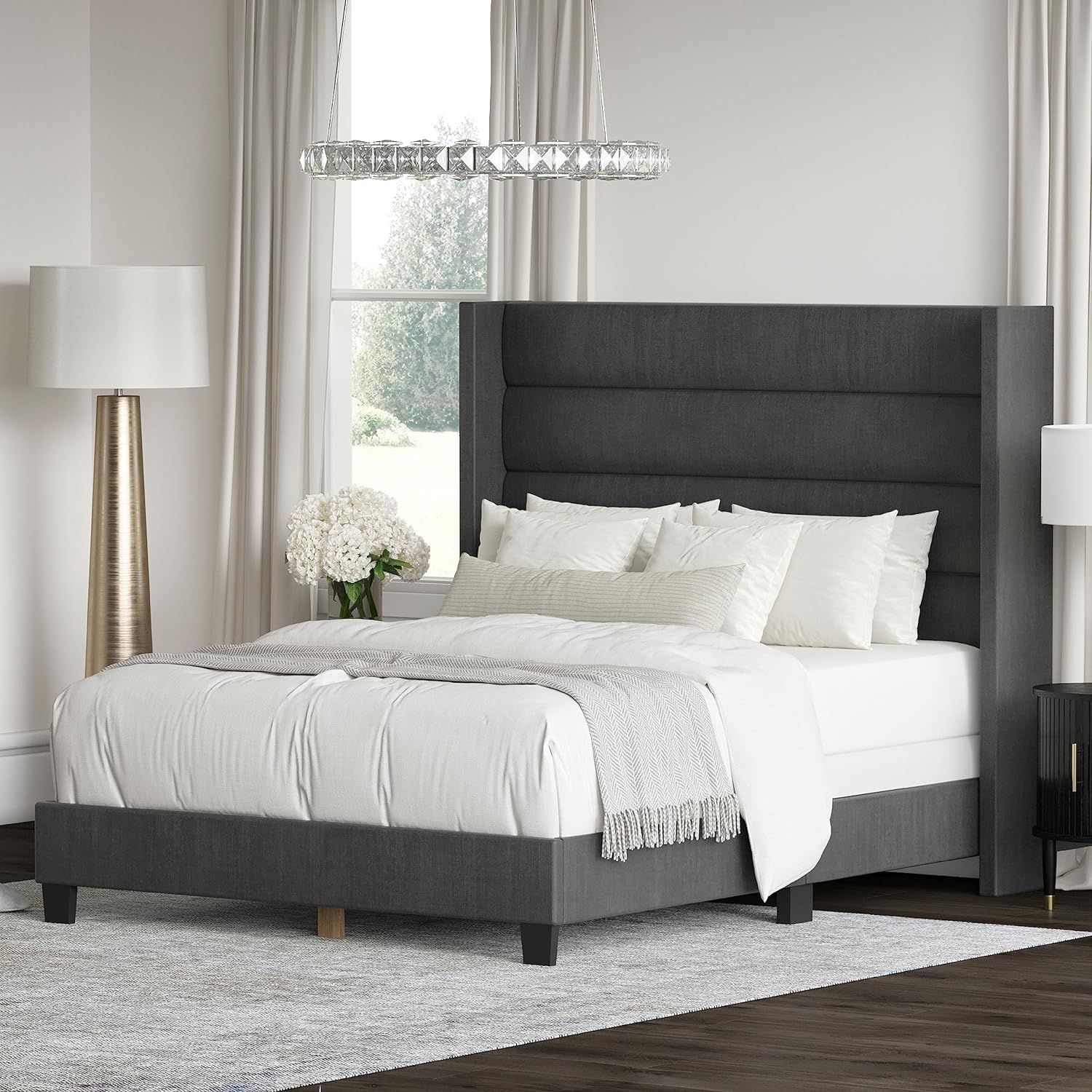 DG Casa George King Bed Frame - Charcoal Fabric Upholstered Panel Bed with Extra Tall Headboard - image 3 of 7