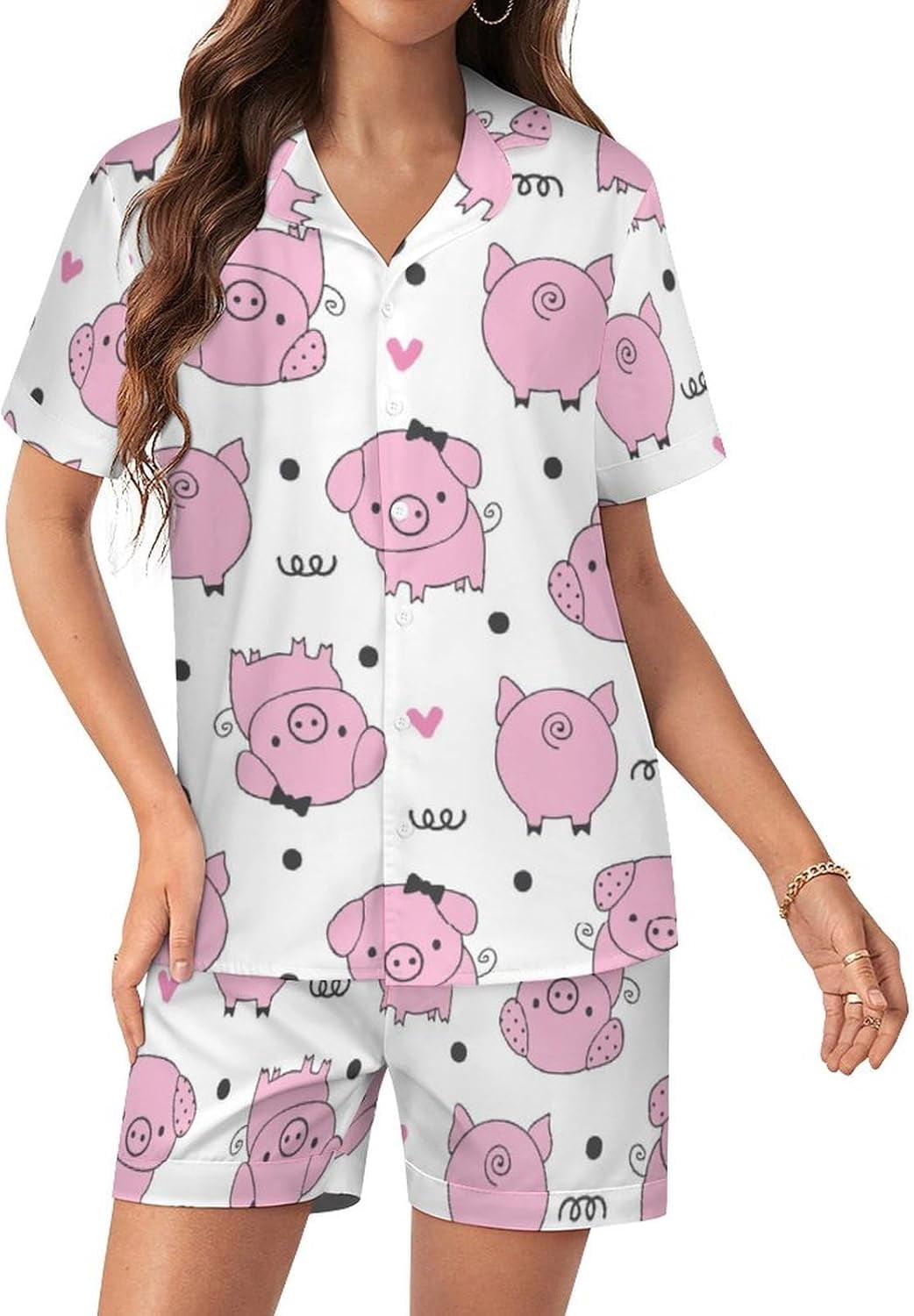PRIYAL Ensemble de Pyjama en Soie Mignon Cochon Rose pour Femmes Manches Courtes Ensemble de Détente 2 Pcs