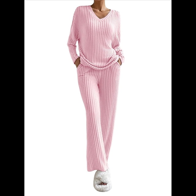 Conjunto de Pijama de Dos Piezas de Punto Acanalado para Mujer: Suéter de Larga y Pantalón . Rosa S