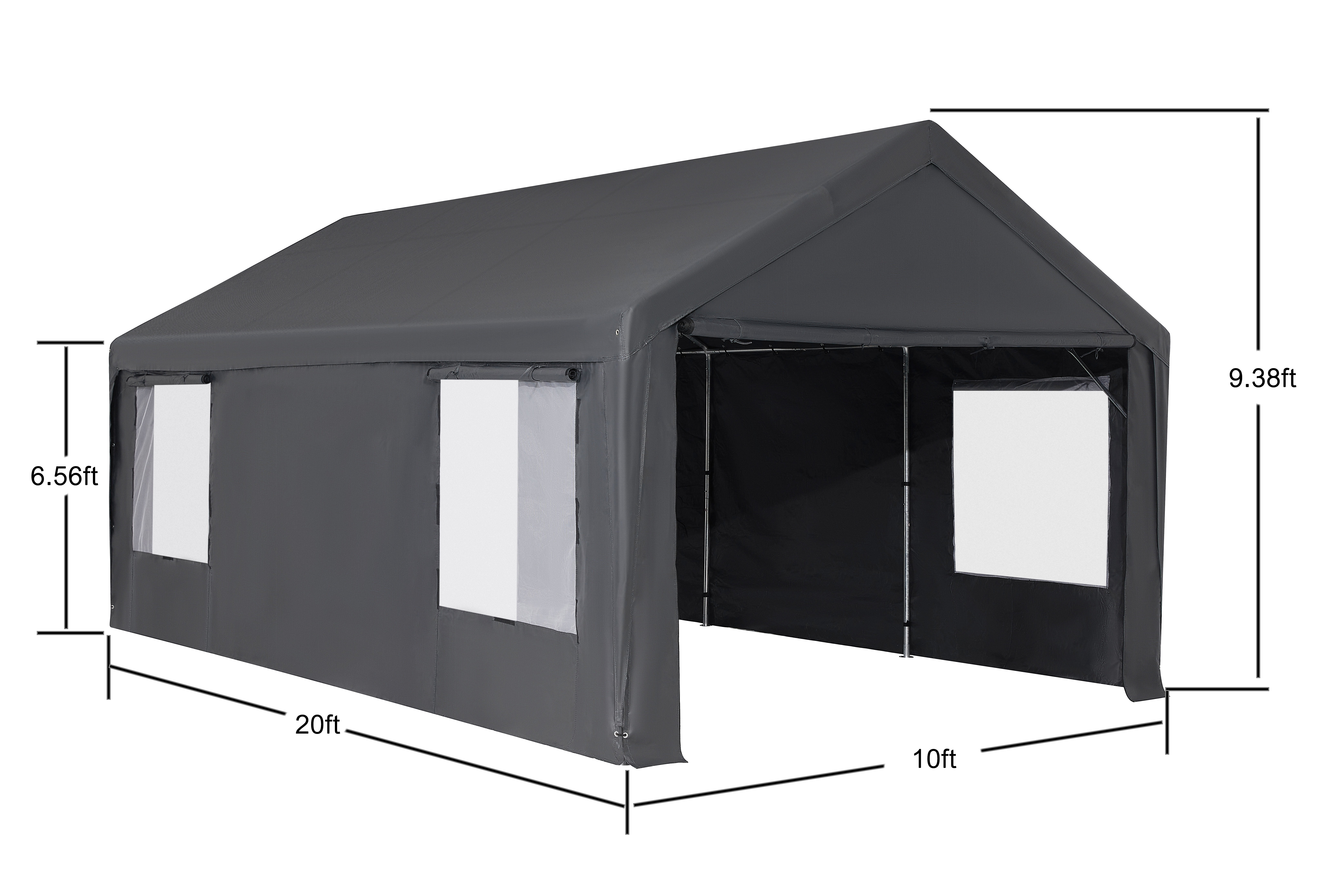 10'x 20' Heavy Duty Carport with Roll-up Ventilated Windows, Portable Garage with Removable Sidewalls & Doors for Car, Truck, Boat, Car Canopy with All-Season Tarp, Grey