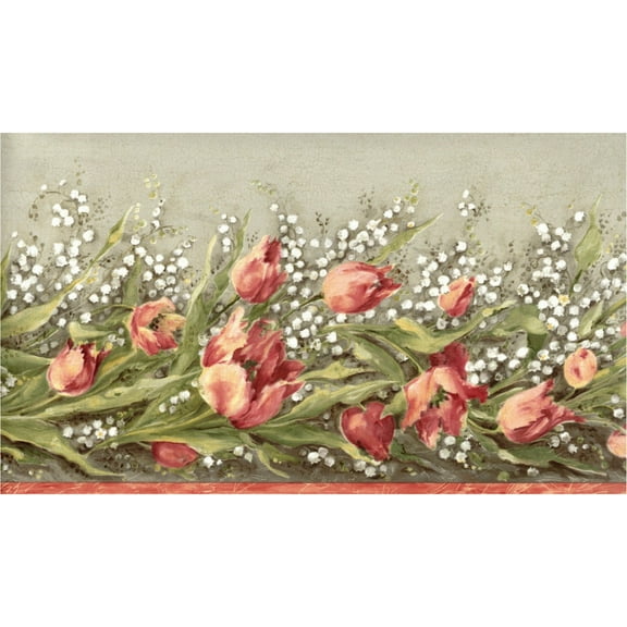 Trimz Tulips and Lily of the Valley Floral Wallpaper Border - Green, White, Gray - 15' L x 9.75" W