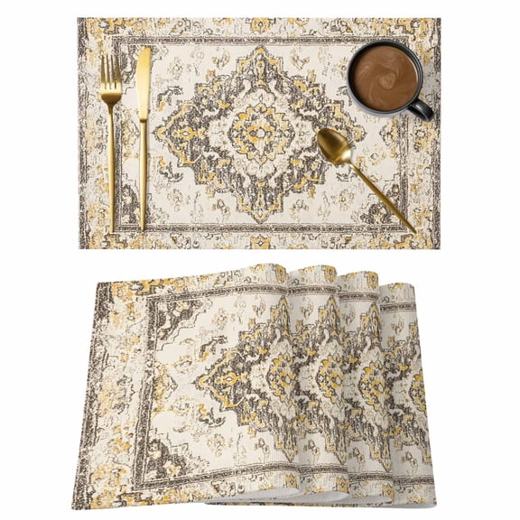 Vintage Placemats Set of 2, Abstract Brown Bohemian Farmhouse Tribal Non-Slip Place Mats Washable Table Mats for Kitchen Dining Table Decorations Indoor/Outdoor