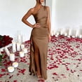 thumbnail image 4 of BRGZLK Women's One Shoulder Dresses High Split Bodycon Ruched Satin Prom Dress Asymmetric Hem Cocktail Wedding Party Maxi Dress Date Night Outfits Brown L, 4 of 6