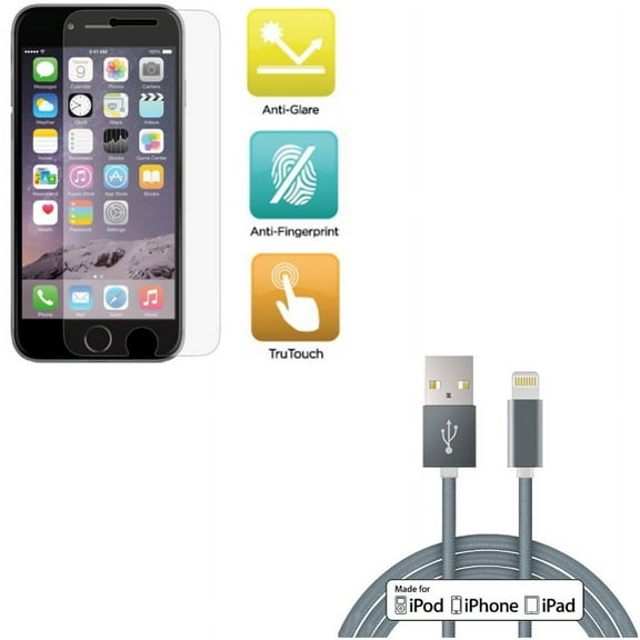 iPhone 8/7/6S/6 - 10ft MFi USB Cable w Film TPU Screen Protector - Certified Charger Cord Power Wire Braided, Anti-Glare Anti-Fingerprint Matte for iPhone 8/7/6S/6
