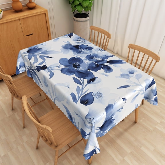Nanqianyi Blue White Floral Watercolor Style Blooms Tablecloth 60" x 84" For Kitchen Decor Washable Table Cloth
