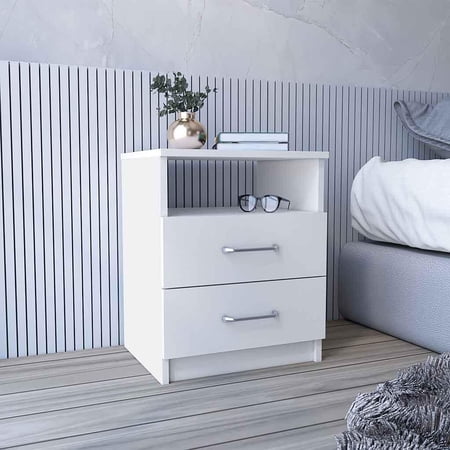 Bedside Nightstands Nightstand Olienza Two Drawers One Shelf White Finish White Wooden Nightstands Particle Board Nightstands With Storage Furniture Bedroom Furniture Nightstands