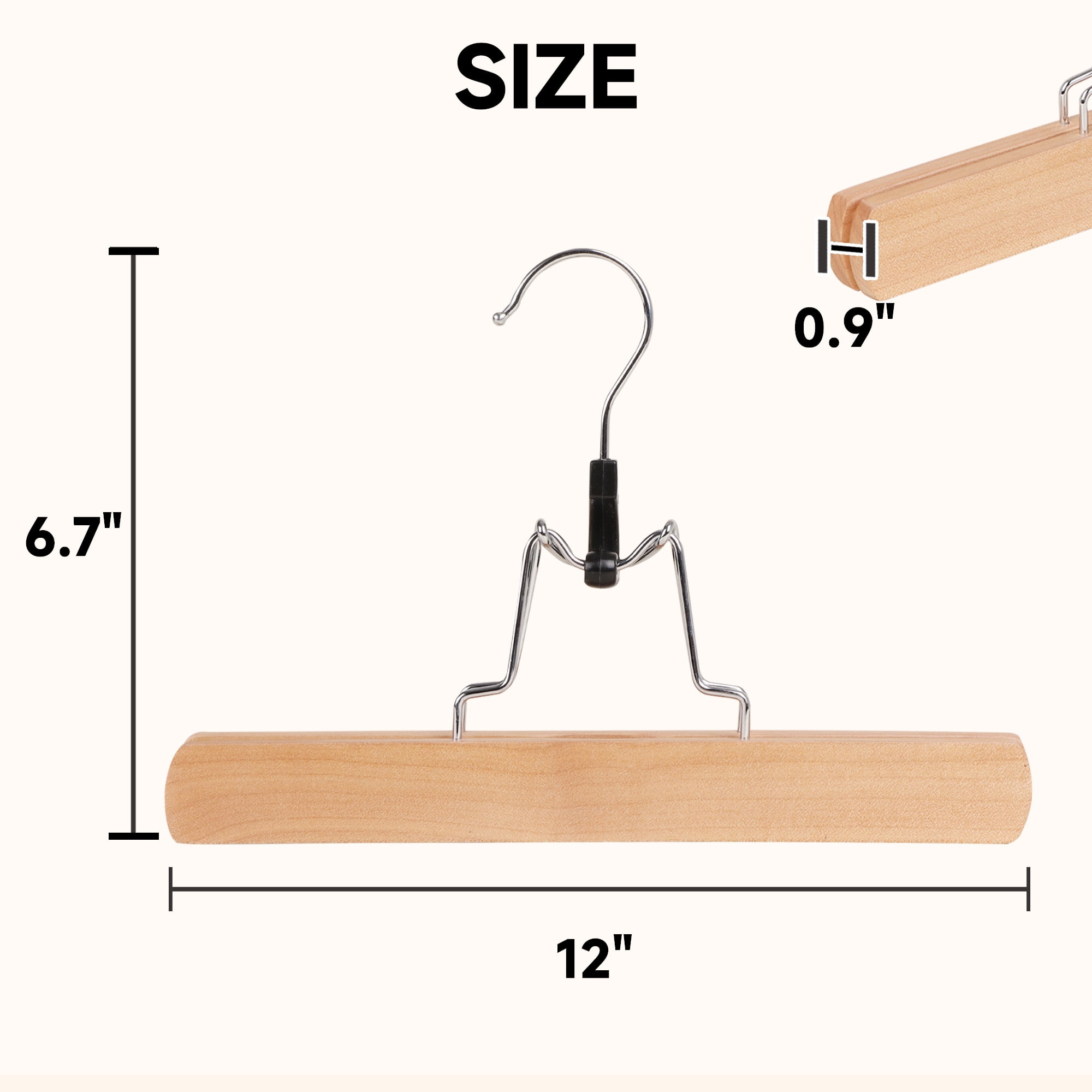 BP4U 12-Pack Wooden Pants Hangers with Felt Lining, 12" Non-Slip Clamp Solid Wood Skirt Hangers for Trousers, Jeans, Shorts, and Delicate Fabrics