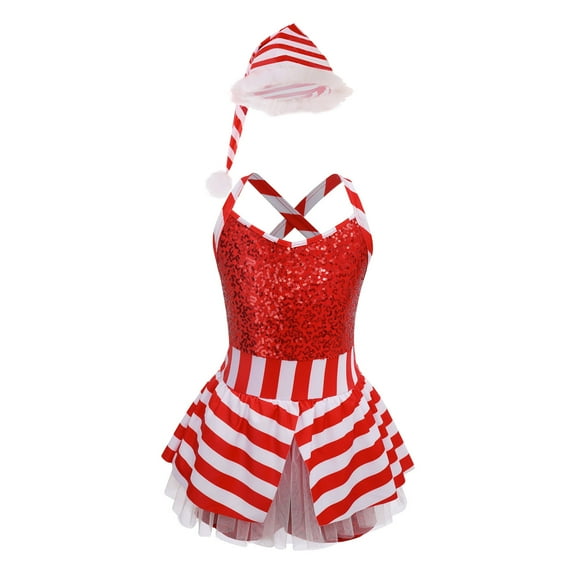 TiaoBug Kids Girls Sequins Sleeveless Ballet Dance Leotard Christmas Candy Cane Sriped Costume Red 10