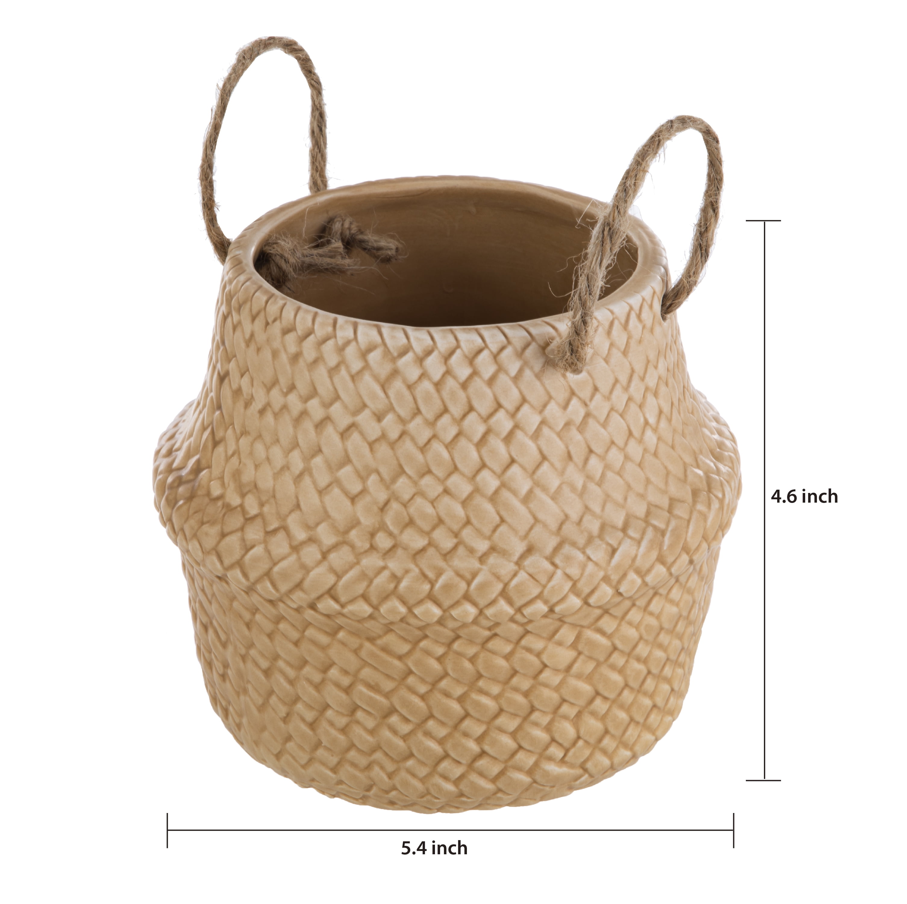 Mainstays Brown Ceramic Belly Basket Planter with Jute Handles, 5.39"D x 4.6"H