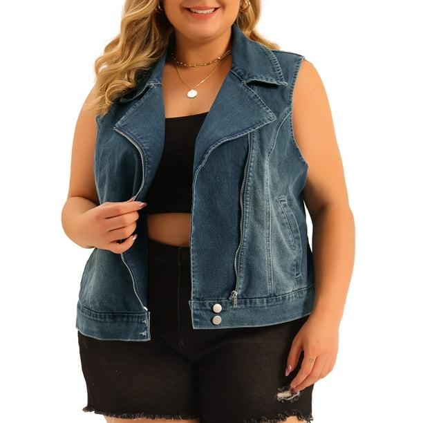 Chaquetas de mezclilla para mujer de tallas grandes Agnes Orinda para 2023, chaqueta de motocicleta sin mangas con cremallera, chaleco de mezclilla azul 4X